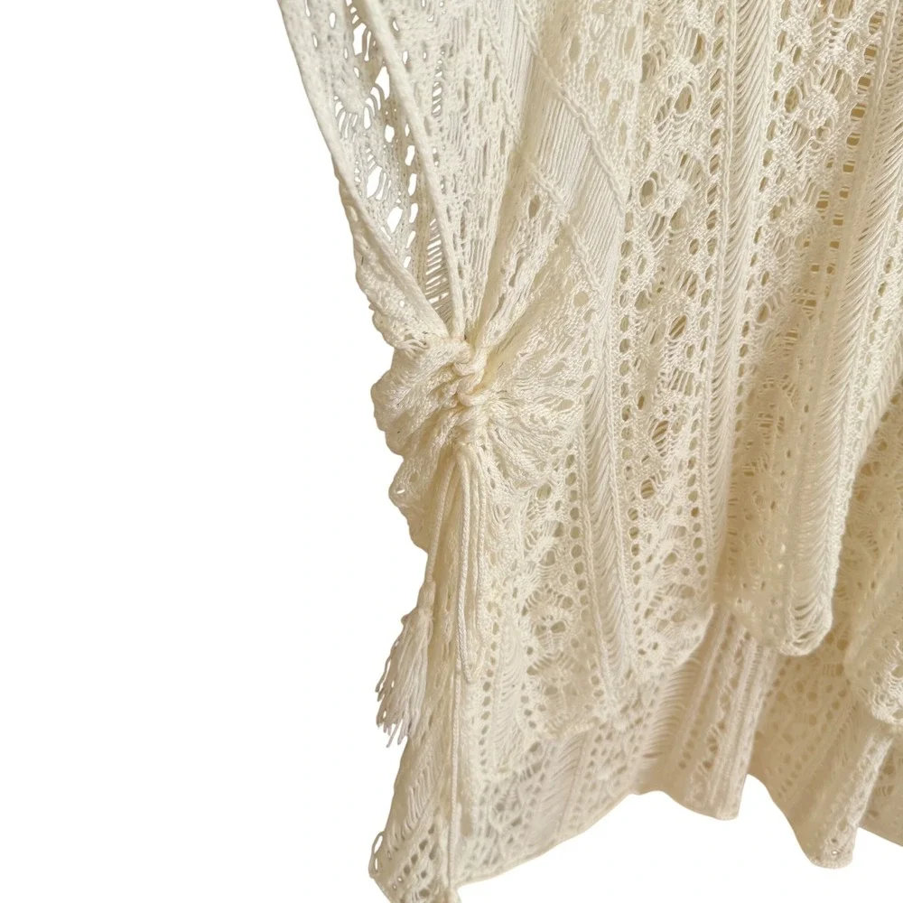 Boho Cream Crochet Knit Poncho V-Neck Sweater Beach Cover-Up One Size Coastal